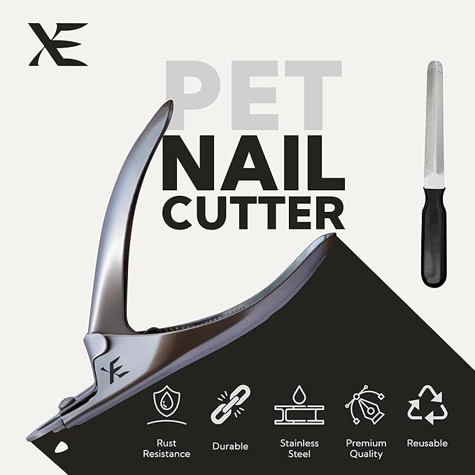 XE Stainless Steel Pet Nail Clipper – Cat and Dog Claw Trimmer with Nail File, Non-Slip Handle Nail Cutter for Pets, Professional Grooming Tool for Dogs, Cats, Rabbit and Guinea Pigs