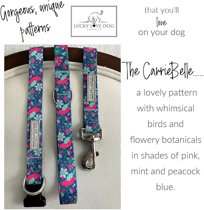 Lucky Love Dog, Whimsical Bird Dog Collar, Vivid Pink, Mint, Blue Flowers X-Small Dog Collar, Adjustable Collars for Female Male Dogs - (XS, Carriebelle Collar)