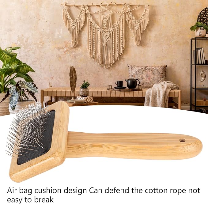 Macrame Slicker Comb with Hole Cushion Finely Polished Bamboo Cleaning Brush Sheepskin Wool Stainless Steel Pins Carding Rug Fur Brushes Long Prongs Pet (12x15.2x4.5cm /