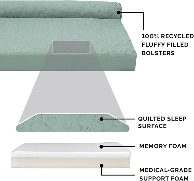 Furhaven Memory Foam Dog Bed for Large Dogs w/ Removable Bolsters & Washable Cover, For Dogs Up to 95 lbs - Pinsonic Quilted Paw L Shaped Chaise - Iceberg Green, Jumbo/XL