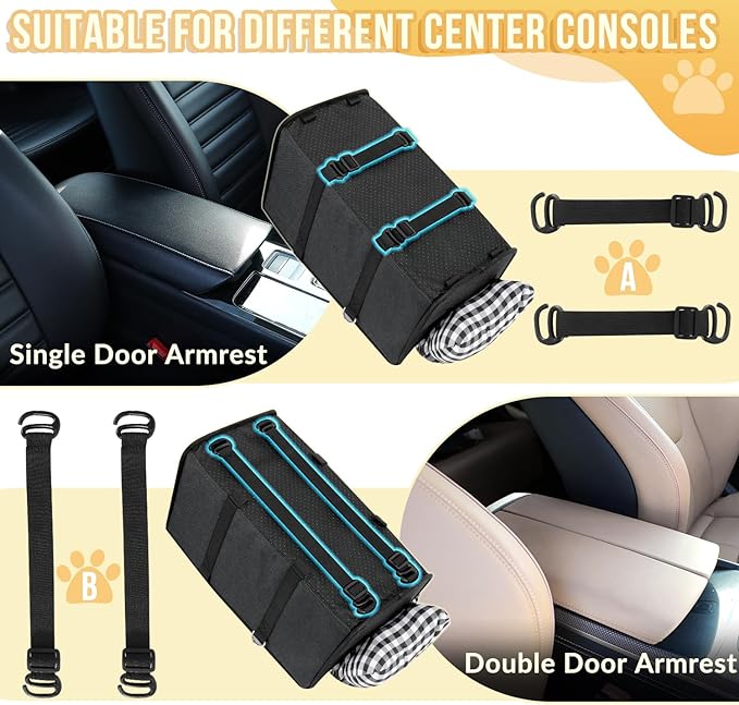 SlowTon Console Dog Car Seat - Portable Dogs Armrest Booster Seat for Small Dog, Anti-Collapse Pet Car Seat with Soft Cushion Safety Belt, Support Pet Up to 11lbs (Black)