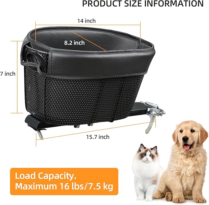 Dog Bike Basket,Soft-Sided Pet Bicycle Carrier Wiith Safety Strap,Pet Travel Bag,Quick Detachable Breathable Bicycle Basket Bag,Ride Bicycle Basket for Dogs and Cats Up to 16lbs, Black1