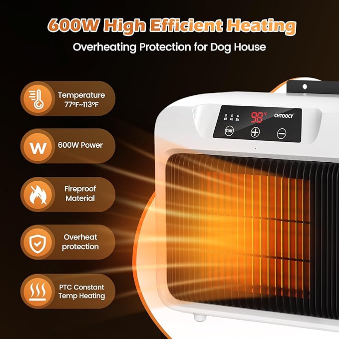 Upgrade 600W Large Dog House Heater w Thermostat, Adjustable Temp & Timer Heating Pet Heater for Outside Winter Insulated House,Safe Heated Outdoor & Won't Burn Pets, Electric Pet Kennel Heater