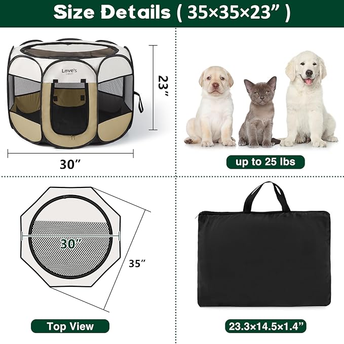 Love's cabin Pet Puppy Dog Playpen, Medium Dog Tent Crates Cage Indoor/Outdoor, Portable Playpen for Cat, Foldable Pop Up Dog Kennel Playpen with Carring Case, Removable Zipper Top, Khaki
