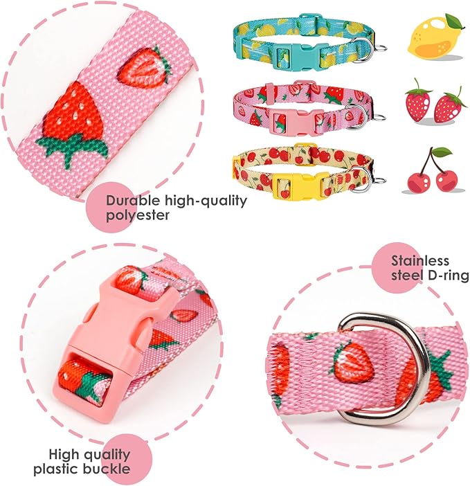 azuza 3 Pack Fruit Design Dog Collars Comfortable and Adjustable Nylon Dog Collars for Large Dogs, L (18-26inch),Strawberry,Lemon and Cherry