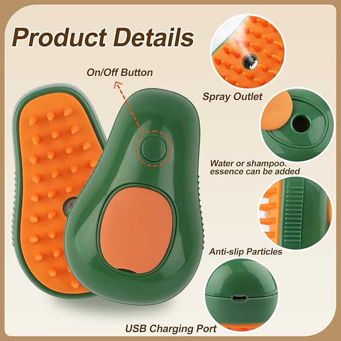 Cat Steam Brush, 3 in 1 Cat Steamy Brush, Silicone Massage Grooming Brush, Pet Hair Cleaning Brush Comb for Cats Dogs(Avocado Green)