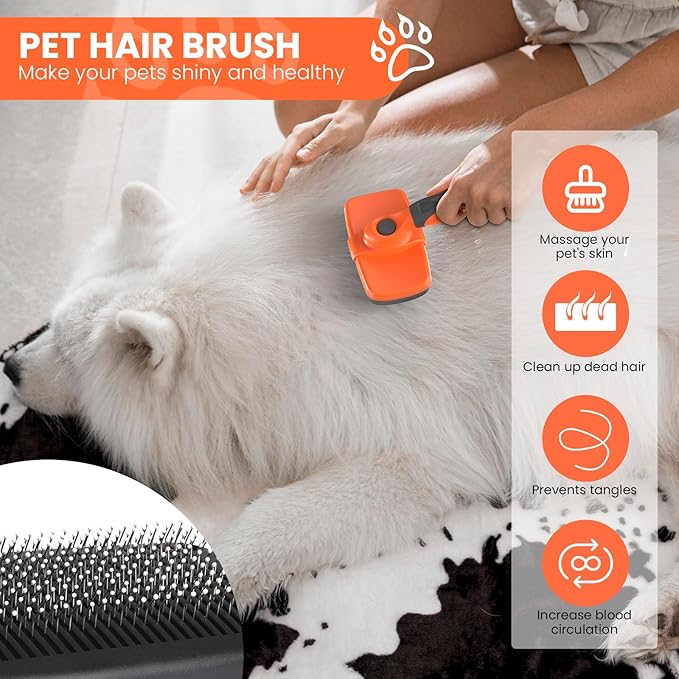 LION TAMER Self-Cleaning Slicker Brush for Dogs & Cats, Hair Brush for Pets, Deshedding Brush, Orange, Large