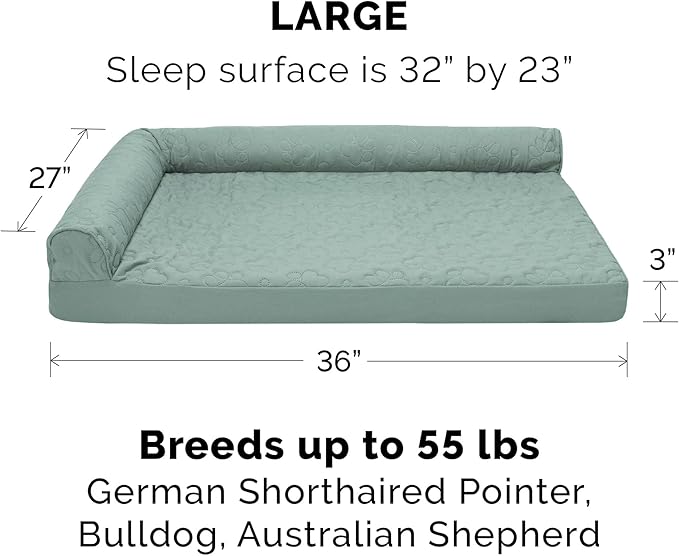 Furhaven Memory Foam Dog Bed for Large/Medium Dogs w/ Removable Bolsters & Washable Cover, For Dogs Up to 55 lbs - Pinsonic Quilted Paw L Shaped Chaise - Iceberg Green, Large