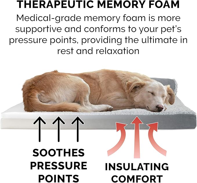 Furhaven Memory Foam Dog Bed for Large Dogs w/ Removable Bolsters & Washable Cover, For Dogs Up to 125 lbs - Two-Tone Plush Faux Fur & Suede L Shaped Chaise - Stone Gray, Jumbo Plus/XXL