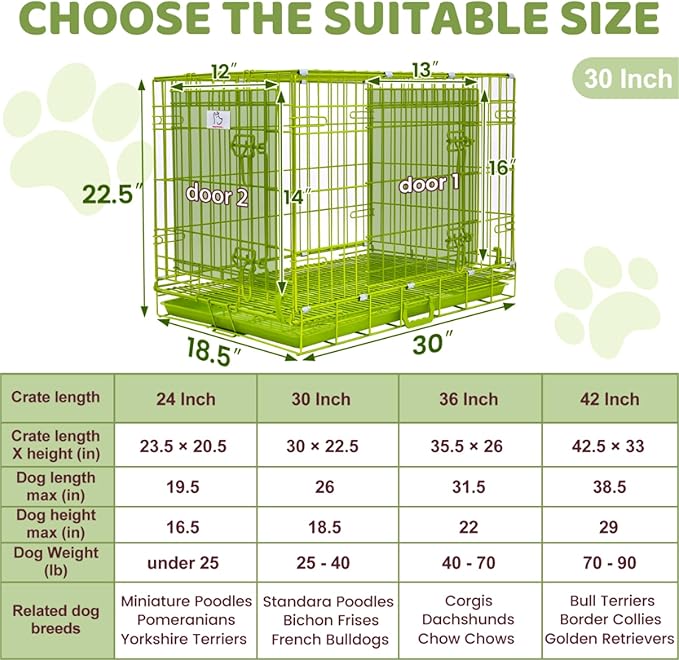 Homey Pet Dog Crates for Medium Dogs, Collapsible Small Dog Cage, Nano-Coated Metal Wire Puppy Kennel Indoor with Removable Floor Grid Tray, Double Doors Dual Locks, GOLD24+GREEN30 Bundle