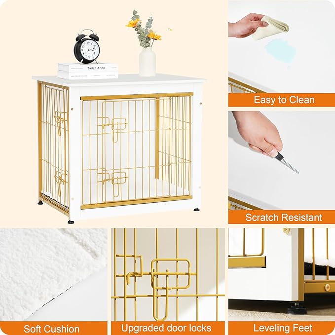 DWANTON Dog Crate Furniture with Cushion, Wooden Dog Crate with Double Doors, Dog Furniture, Dog Kennel Indoor for Small/Medium/Large Dog,End Table, Small, 27.2" L, White
