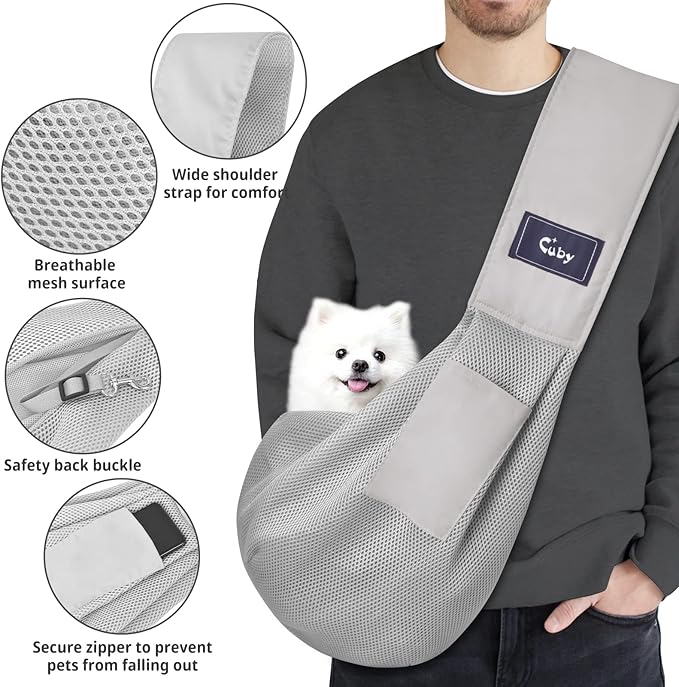 CUBY Dog and Cat Sling Carrier, Hands Free Reversible Pet Papoose Bag, Soft Pouch Adjustable, Suitable for Puppy Cats for Outdoor Travel (Grey Mesh, one Size mesh)