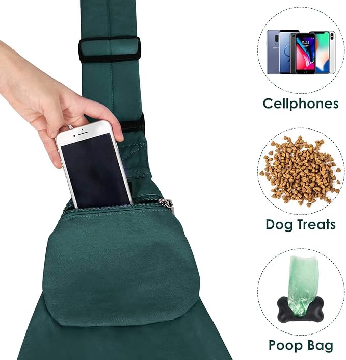 Lukovee Pet Sling, Hand Free Dog Sling Carrier Adjustable Padded Strap Tote Bag Breathable Cotton Shoulder Bag Front Pocket Safety Belt Carrying Small Dog Cat Puppy Machine Washable (Green, M)
