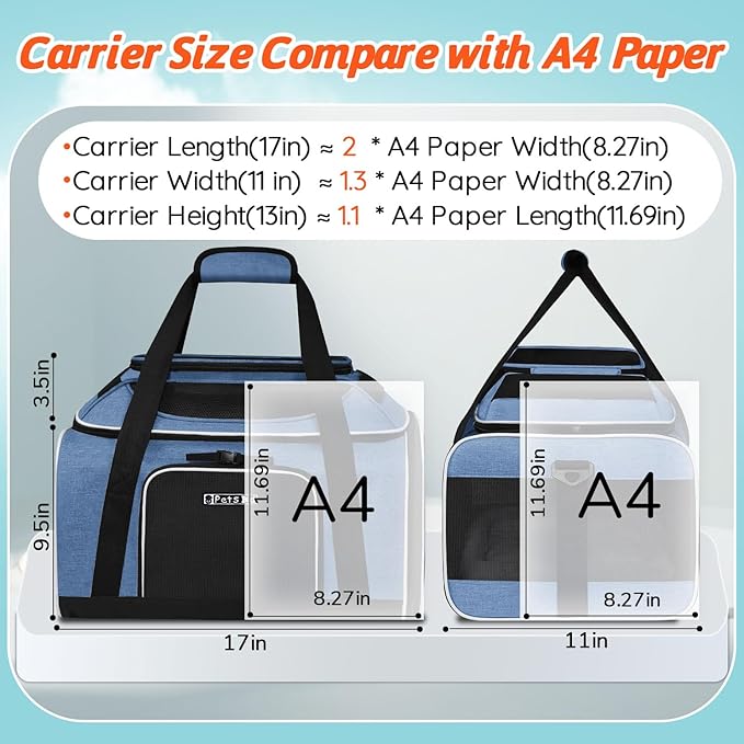 Petskd Top-Expandable Pet Carrier 17x11x9.5 Inches Alaska Airline Approved, Soft-Sided Carrier for Small Cats and Dogs with Locking Safety Zippers and Anti-Scratch Mesh(Blue)
