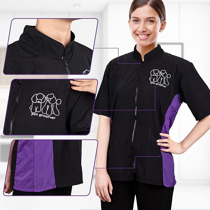 Noverlife Pet Grooming Workwear with Full Zipper, M Size, Anti-Static Pet Beautician Work Clothes, Lightweight Hair Repellent Shirt Style Pet Groomer Smock for Dog Cat Grooming Shop