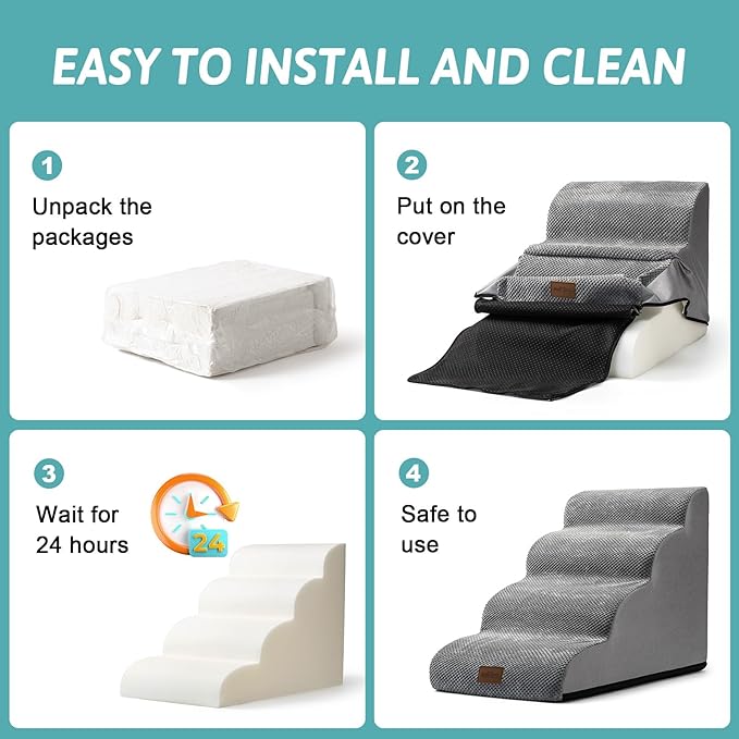 Dog Stairs for Small Dogs 11.8" H, Pet Step with Leakproof Cover, High Density Foam Cat Ramp for Chair or Sofa, Lightweight, Durable, Comfort, 15.7x19.7x11.8 inch, 2 Tiers, Grey