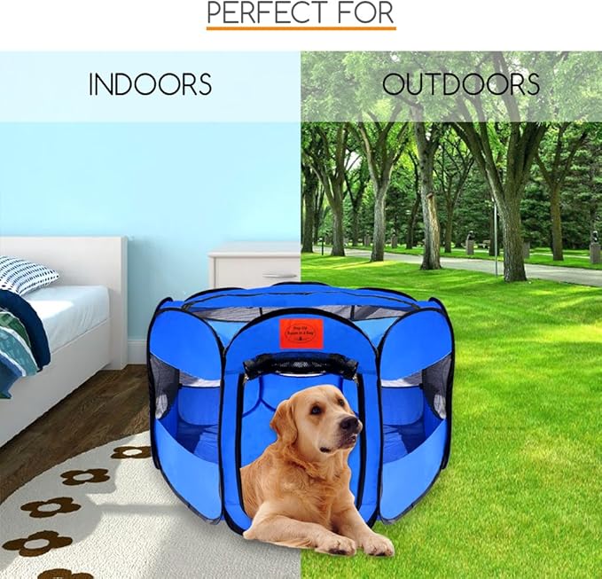 Pop Up Pet Exercise Play Pen Tent Portable Kennel with Weather Resistant Oxford Material, 8 Windows and Removable Zipper Top for Puppies Dogs Kittens Cats Rabbits + More! Includes Bag