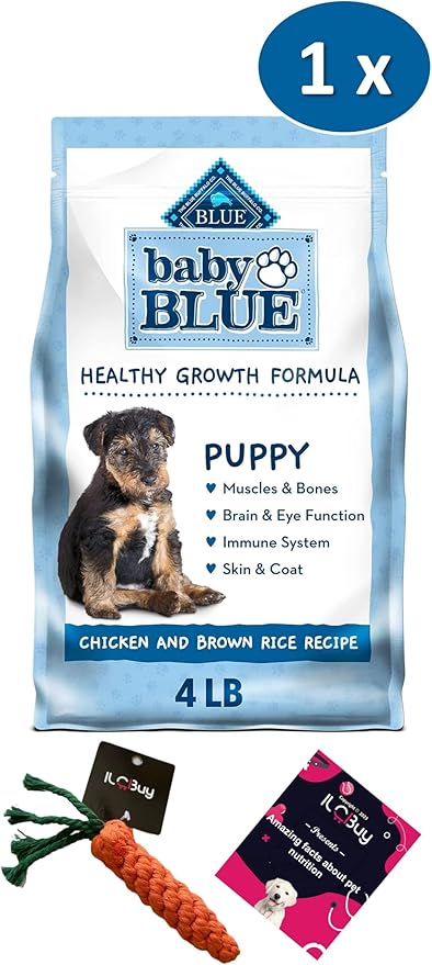 Baby Blue Puppy Food Bundle, Includes 01 Bag(4 LB) Baby Blue Healthy Growth Formula with Chicken and Brown Rice,01 Carrot Dog Toys and 01 Booklet About Pet Nutrition.