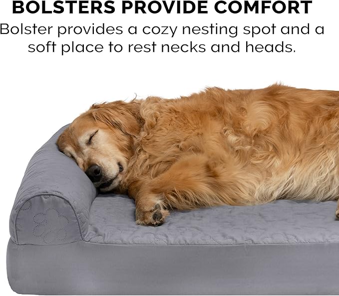 Furhaven Memory Foam Dog Bed for Large/Medium Dogs w/ Removable Bolsters & Washable Cover, For Dogs Up to 55 lbs - Pinsonic Quilted Paw L Shaped Chaise - Titanium, Large