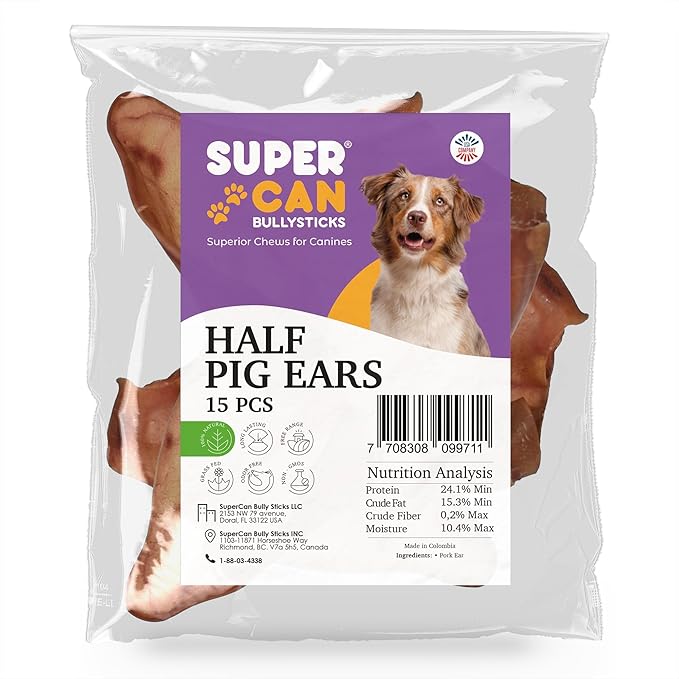 Supercan Bully Sticks Pig Ear Chews for Dogs โ Half Pig Ears (15 Count) - All Natural Dog Treats - Healthy Chews for Large Medium & Small Dogs - Promotes Dental Health - Long Lasting