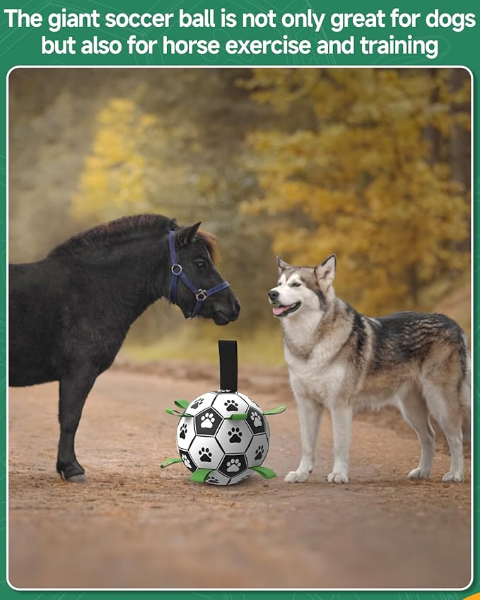 QDAN Dog Toys Soccer Ball with Straps - Durable Dog Balls for Giant Extra Large Dogs, Outdoor Dog Toys, Dog Water Toy, Herding Ball, Dog Birthday Gifts (10 Inch)