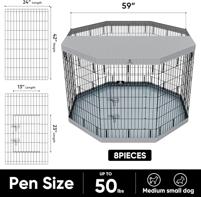 PJYuCien Puppy Playpen,8 Panels 42”H Dog Playpen with Gery Bottom Pad and Grey Top Cover,Metal Foldable Dog Exercise Pen for Indoor,Better for Small Pets