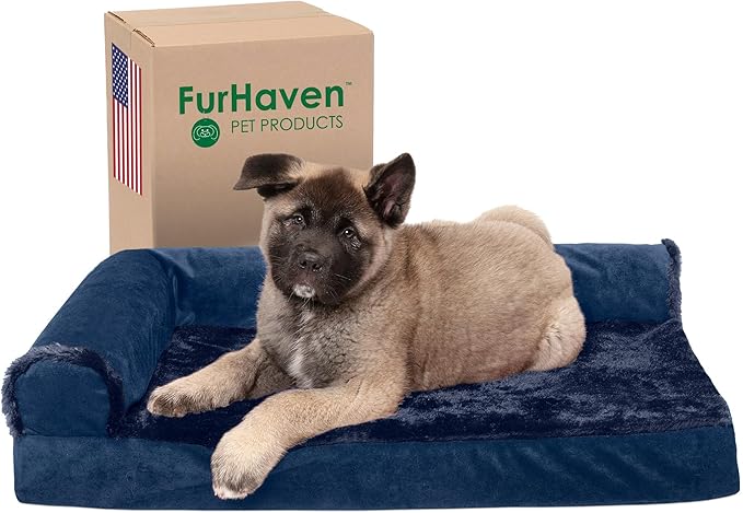 Furhaven Memory Foam Dog Bed for Medium/Small Dogs w/ Removable Bolsters & Washable Cover, For Dogs Up to 35 lbs - Plush & Velvet L Shaped Chaise - Deep Sapphire, Medium