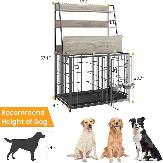Dog Crate Furniture, 57 Inch Dog Kennel Furniture with Storage Shelves and Removable Tray, Indoor Dog House with 2 Doors and 2 Adjustable Bowls, Gray