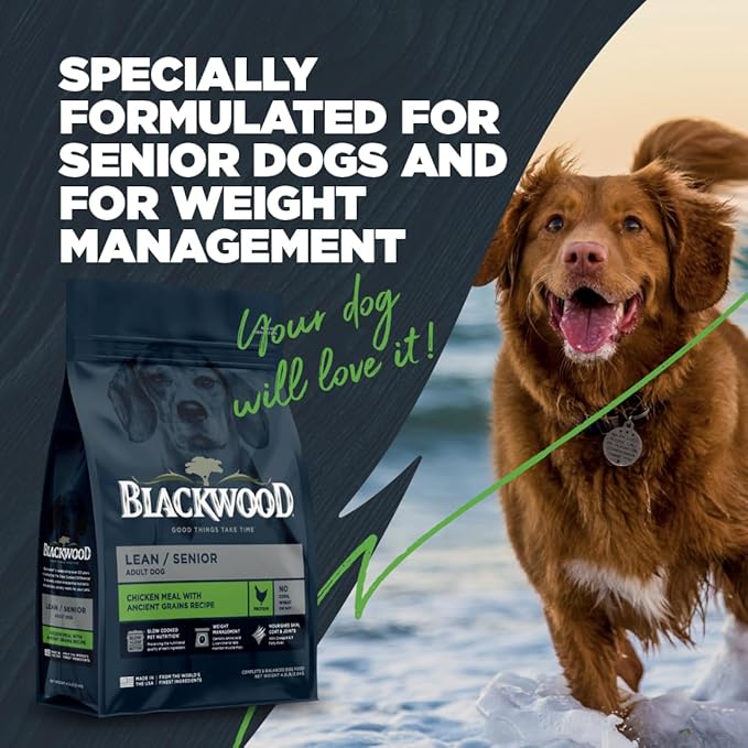 Blackwood Lean/Senior Dry Dog Food, Chicken Meal with Ancient Grains, 24 Pound Bag for Weight Management and Muscle Mass Maintenance