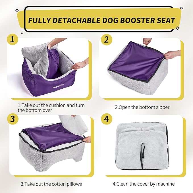 BurgeonNest Dog Car Seat for Small Dogs, Fully Detachable and Washable Carseats Under 25, Soft Booster Seats with Storage Pockets Clip-On Leash Portable Travel Carrier Bed Purple (dbs-p)
