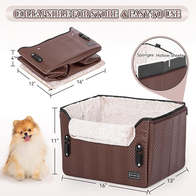 PETSFIT Car Seat for Dogs, Waterproof PU Leather Dog Car Seat for Small Dogs with Patented Safe Buckles, Clip-On Leash, Pet Travel Carrier Bed for Small Pets Up to 25lbs (Brown)