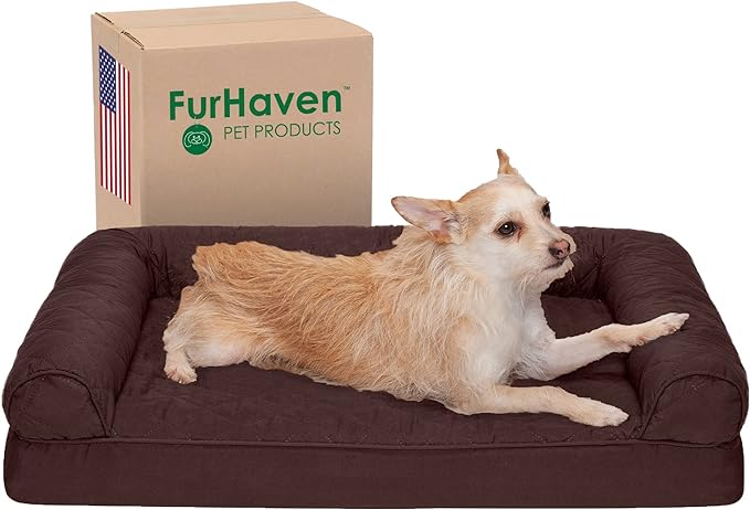 Furhaven Orthopedic Dog Bed for Medium/Small Dogs w/ Removable Bolsters & Washable Cover, For Dogs Up to 35 lbs - Quilted Sofa - Coffee, Medium