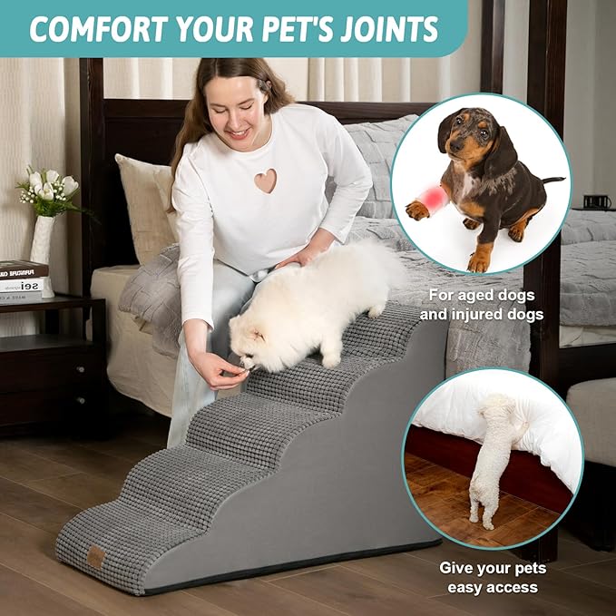 Dog Stairs for High Bed 22.6" H, Small Pet Steps with Leakproof Cover, High Density Foam Cat Ramp for Bed, Car or Couch, Lightweight, Durable, Comfort, 15.7x33x22.6 inch, 5 Tiers, Light Grey