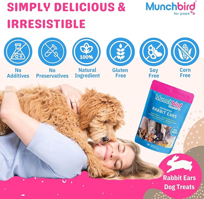 Dehydrated Rabbit Ears 100g (3.5 oz) 12-15 Counts for Dogs & Cats, European Furry Rabbit Ear Natural Fiber for Dogs, Rawhide Free Alternative to Pig Ears for Dogs, Ear Size Varies