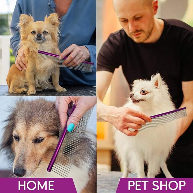 Pet Comb 10 inches Comfortable Grooming Comb with Different-Spaced Rounded Stainless Steel Teeth, Easy Grip and Convenient Grooming for Pets Dog Cat with Medium Coarse Fur - Purple