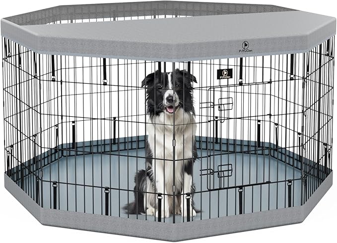 PJYuCien Dog Playpenr,8 Panels 30”H Dog Playpen with Gery Bottom Pad and Grey Top Cover,Metal Foldable Dog Exercise Pen for Indoor,Better for Medium Animals,Black