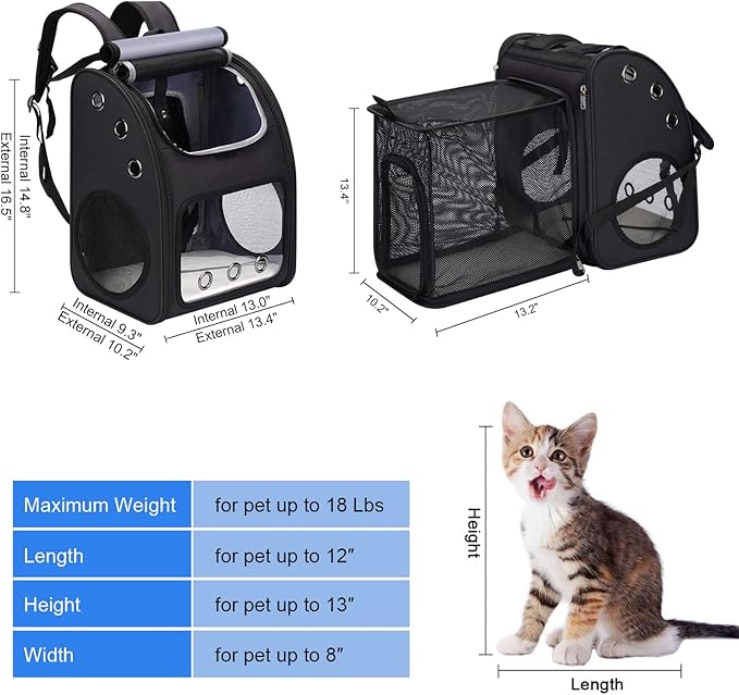 Expandable Cat Carrier Backpack for Cats, Dogs and Small Animals, Portable Pet Travel Carrier, Super Ventilated Design, Airline Approved, Ideal for Traveling/Hiking/Camping, Black