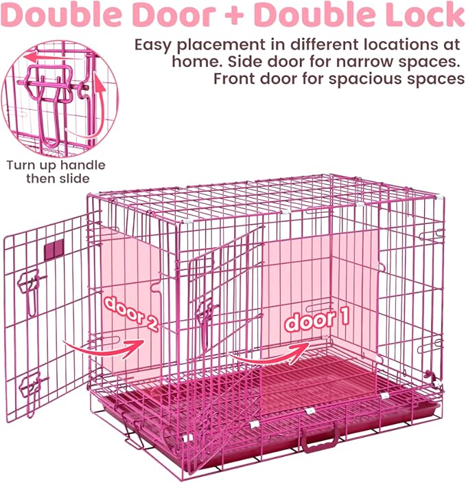 Homey Pet Dog Crates for Medium Dogs, 30 Inch Dog Cage for Small Dogs, Collapsible Nano-Coating Metal Wire Small Dog Kennel Indoor with Removable Floor Grid Tray, Double Doors, GOLD30+PINK30 Bundle