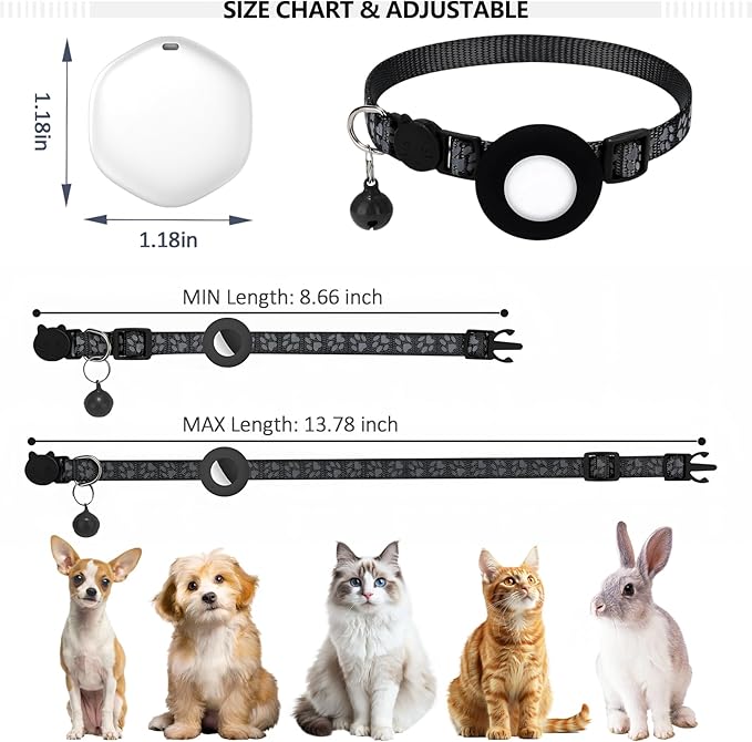 GPS Tracker for Cats, Mini GPS Pet Tracker with Collar, IPX8 Waterproof Cat Tracker Collar,No Monthly Fee,Work with Apple Find My(iOS Only),Smart Tracker for Pets(Black)