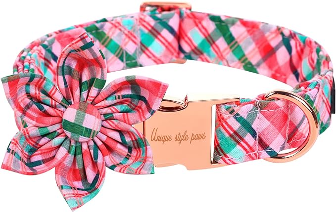 Unique style paws Dog Collar with Flower Pink & Green Plaid Dog Collar Best Gifts for Small Medium Large Dogs -L