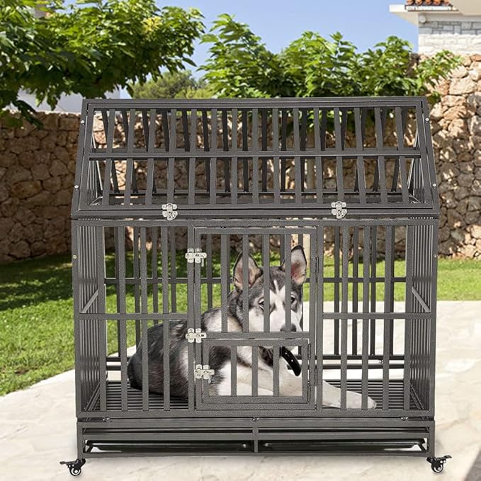 KELIXU 48" Heavy Duty Dog Crate Large Dog cage Dog Kennels and Crates for Large Dogs Indoor Outdoor with Double Doors, Locks and Lockable Wheels, Black