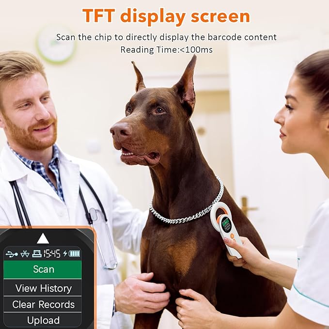 Pet Microchip Scanner Rechargeable RFID EMID Micro Chip Reader Scanner (2.4GHz Wireless+Bluetooth+USB) All in one 1.44” TFT Screen Display ISO11784 / ISO11785 / FDX-B and EMID for Animal/Pet/Dog/Cat