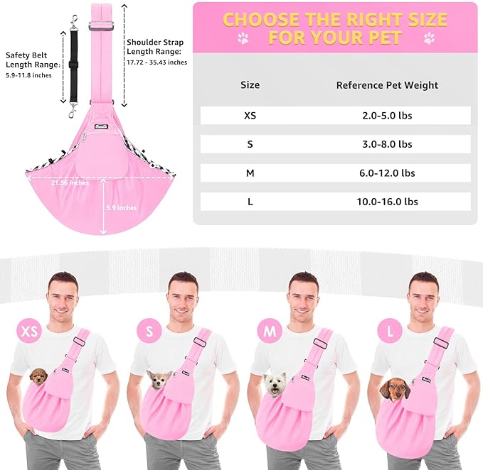 Lukovee Pet Sling, Hand Free Dog Sling Carrier Adjustable Padded Strap Tote Bag, Shoulder Bag with Safety Belt & Front Pocket for Small Dog Cat Puppy (Pink-WY,L)