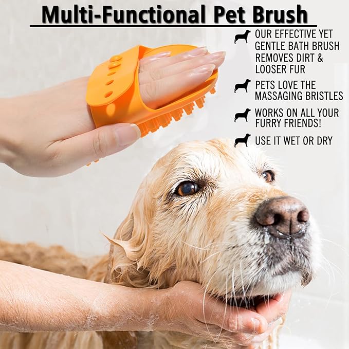 Dog Bath Brush Set - 2 Pcs Rubber Grooming and Shedding Brush for Short and Long Haired Dogs, Cats with Adjustable Handle - Perfect for Washing, Shampooing, and Bathing