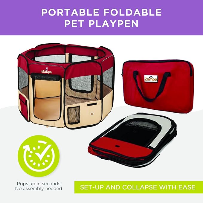 Zampa Pop Up Portable Large 61"x61"x30" Playpen for Dog and Cat, Foldable | Indoor/Outdoor Pen & Travel Pet Carrier + Carrying Case
