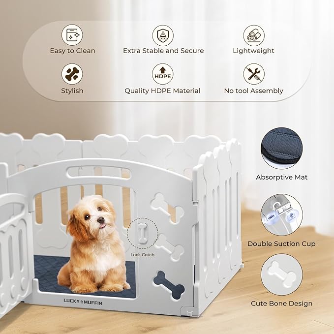 Dog Playpen with Door & Whelping Box, 6-Panel Lightweight Plastic Fence for Small to Medium Pets, Indoor/Outdoor Use, Portable, Durable, Non-Slip, Easy Assembly (White, Regular, 6)