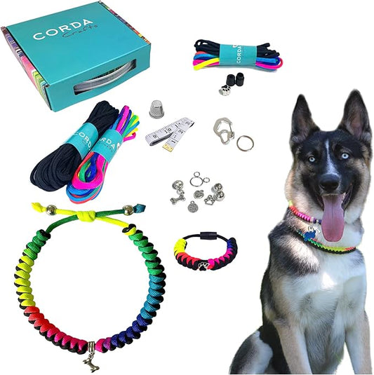 CORDA Crafts - Paracord Kit - Complete Accessories for Making Necklace Dog and Owner Matching Bracelet - Easy Video Tutorial - Waterproof Pet ID Tag Clip Included - X-Large Dog, Rainbow