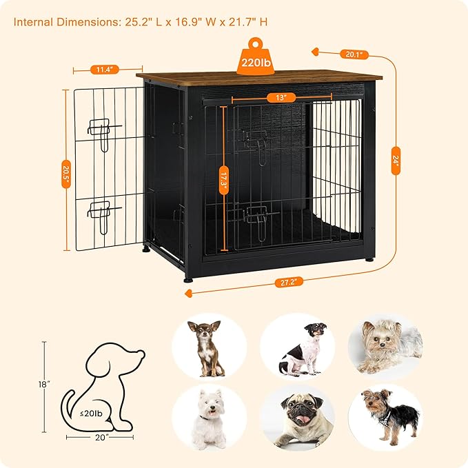 DWANTON Dog Crate Furniture with Cushion, Wooden Dog Crate with Double Doors, Dog Furniture, Dog Kennel Indoor for Small Dog,End Table, 27.2" L, Black+Warm Brown