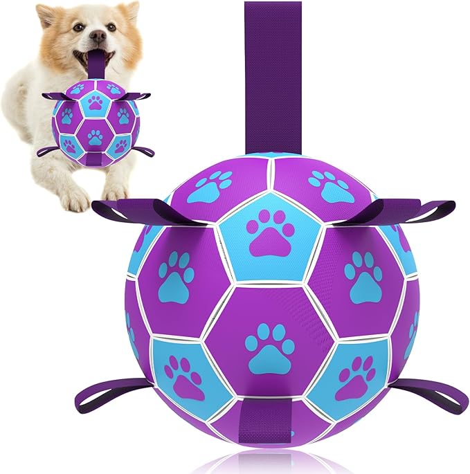 QDAN Dog Ropes Toys Soccer Ball with Straps, Interactive Dog Toys for Tug of War, Puppy Birthday Gifts, Dog Tug Toy, Dog Water Toy, Durable Dog Balls for Medium Dogs-Blue(6 Inch)