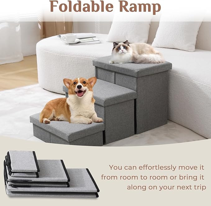 JOLLYVOGUE Dog Steps for Small Dogs, Cat Stairs with Storage, Non-Slip Dog Steps for Beds Couches, Folding Pet Stairs Helper for High Beds, Dog Ramp for Small Dogs and Cats or Pets Friendly, 2-Tiers